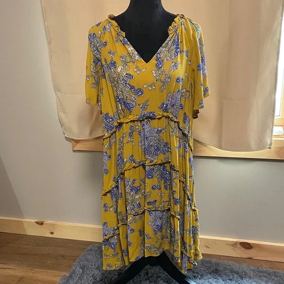 Anthropologie Robin Tiered Mustard Floral Ruffle Short Dress - Picture 3 of 4